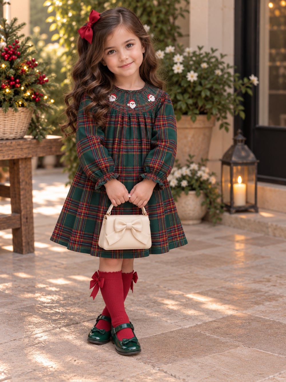 Girls' Green Red Plaid Holiday Dress with Smocked Santa Yoke